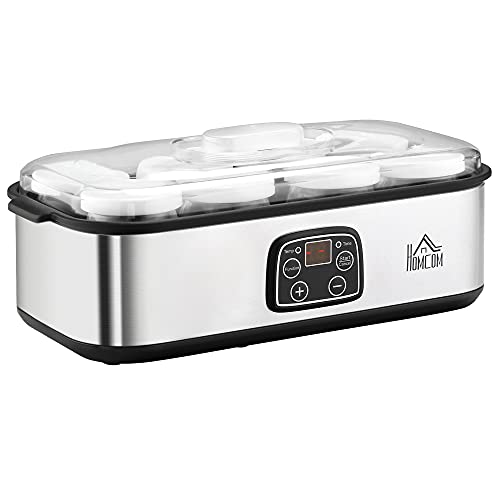 HOMCOM Yogurtera 30W Capacidad 1,44L con 8 Tarros de Cristal de 180 ml Termostato Ajustable...