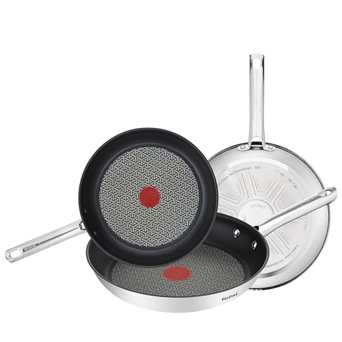 Tefal Duetto - Juego de 3 Sartenes de 20/24/28 cm de acero inoxidable, sartenes antiadherentes, base...