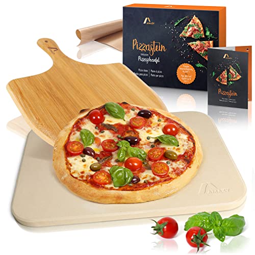 Amazy Piedra para Pizza (38 x 30 x 1,5 cm) + Pala de Bambú + Papel Horno Reutilizable +...