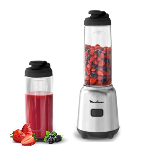 Moulinex Mix & Move LM15FD - Batidora individual, batidora smoothie de 4 cuchillas con 2 recipientes...