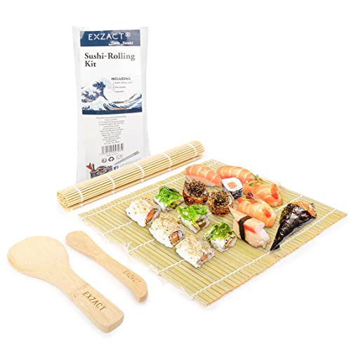 Exzact Kit De Bambú Para Enrollar Sushi 4 Piezas – 2 X Esteras, 1 X Paleta De Arroz, 1 X...