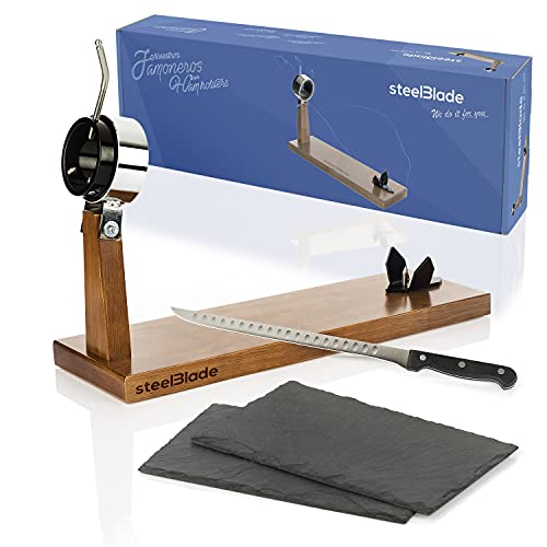 Steelblade - Jamonero Giratorio 360º en Madera Lacada + Cuchillo Jamonero 28 cm + 2 Platos de...