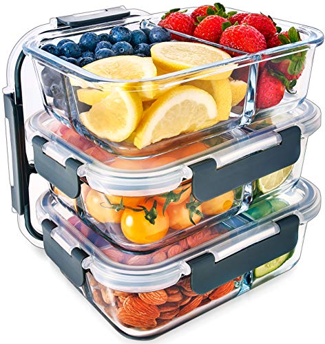 Igluu Meal Prep - Recipientes De Vidrio De 3 Compartimentos Con Tapas Herméticas Snaplock -...